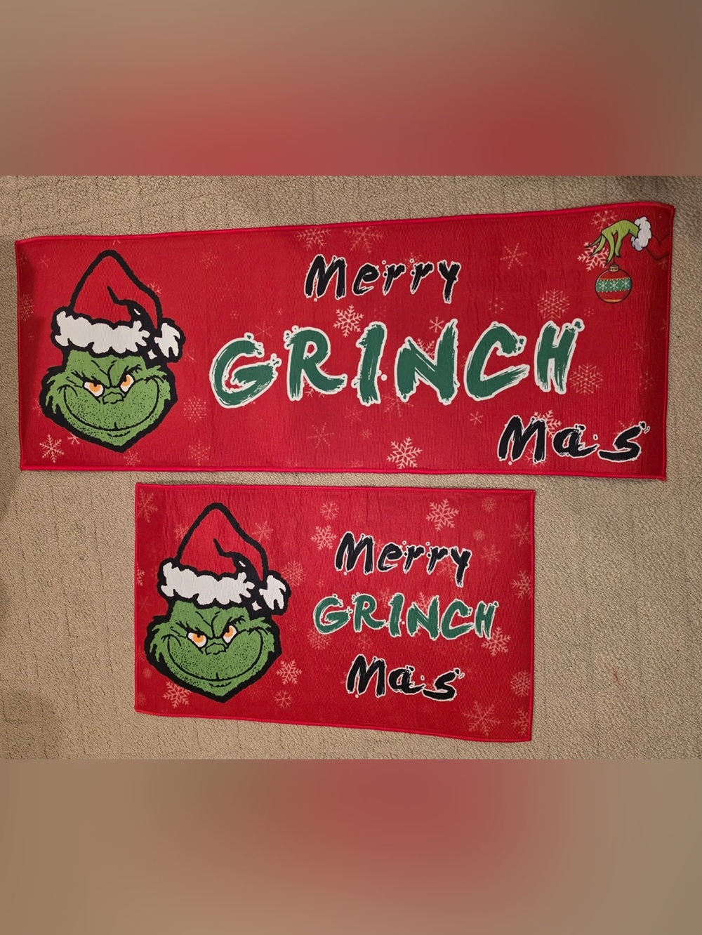 Merry Grinch Mas' Red Holiday Kitchen Rugs set of 2